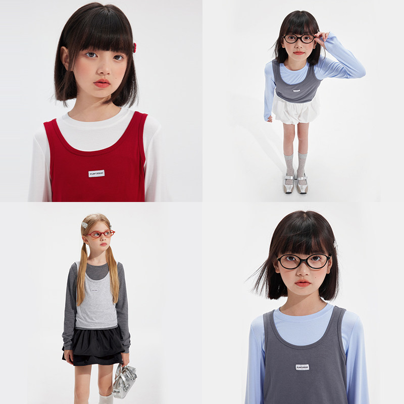 植木童装女童T恤2025新款秋冬中大童两件套背心长袖上衣儿童T恤,淘宝优惠券,粉丝福利购,淘宝优惠卷