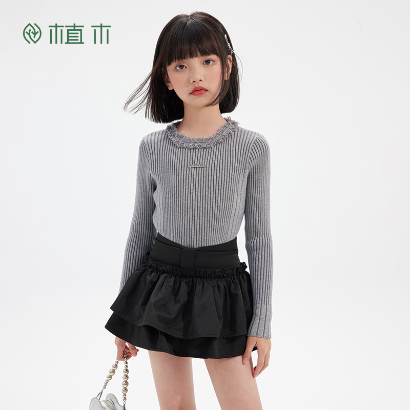 植木童装 儿童毛衣2025秋冬新款中大童圆领针织打底衫女童毛衣 - 图0