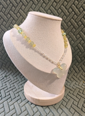 岫玉蝴蝶项链锁骨链岫玉+晴水+珍珠+尖晶+磁吸扣