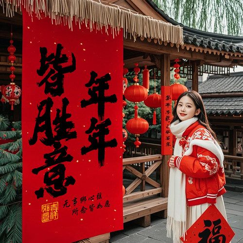 新年装饰挂布2025蛇年打卡背景布福来条幅拍照氛围道具布置竖幅墙布春节超市商城超大文字红色新年快乐布条 - 图2