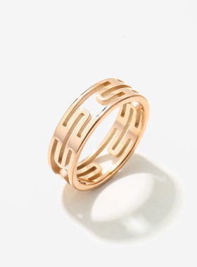 钛钢镀金几何长方形镂空戒指韩版