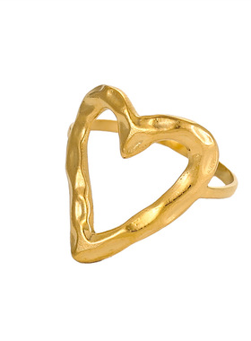 欧美心桃心形开口锤纹戒指钛钢镀18K金ins活口男女时尚美拉德戒