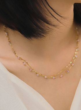 粉色串珠满天星叠戴钛钢项链