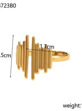 多层竖条声波律动设计不规则开口戒指钛钢18K镀金金属感食指戒