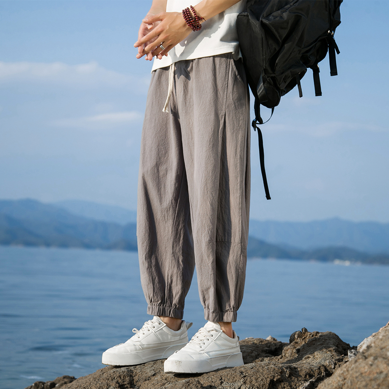 日系复古裤子男薄款亚棉麻八分裤潮牌痞帅大码束脚锥形哈伦萝卜裤