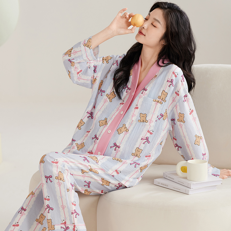 带胸垫月子服纯棉秋季产后产妇哺乳孕妇睡衣春秋10月份喂奶家居服