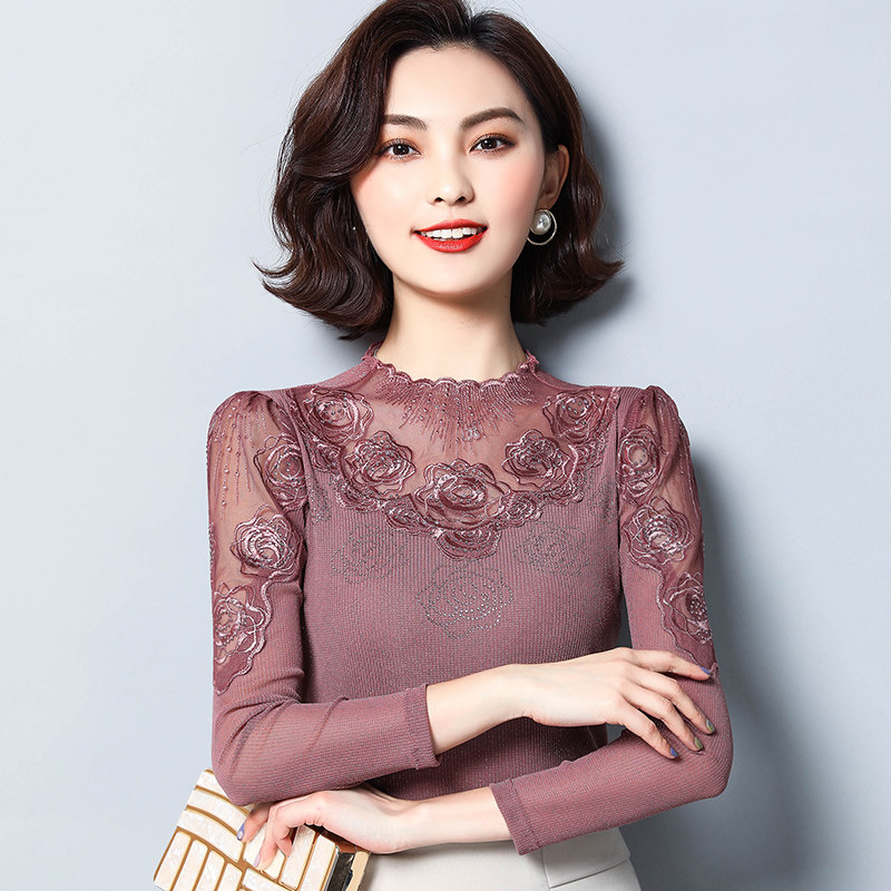 2020春秋新款蕾丝长袖百搭网纱内搭 德俪歌T恤