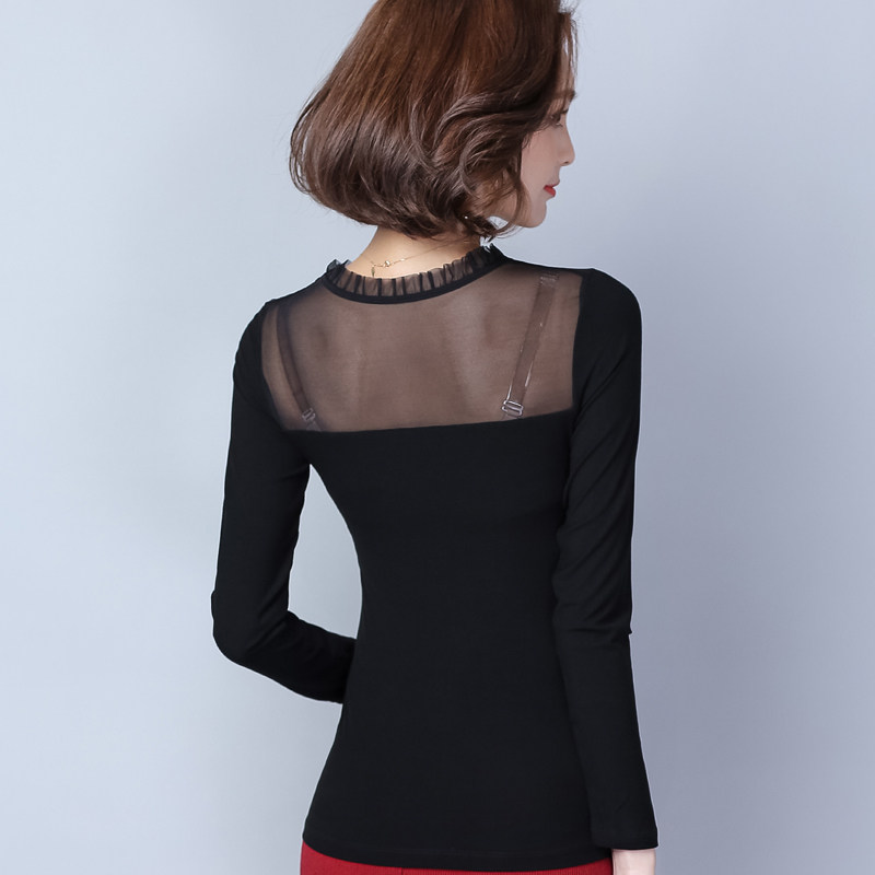 莫代尔半高领网纱蕾丝春秋百搭t恤 德俪歌T恤