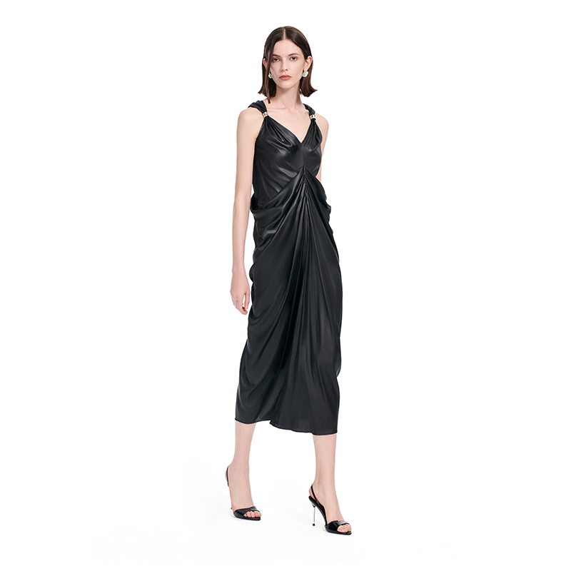 Ring-embellished pleated romantic long dress