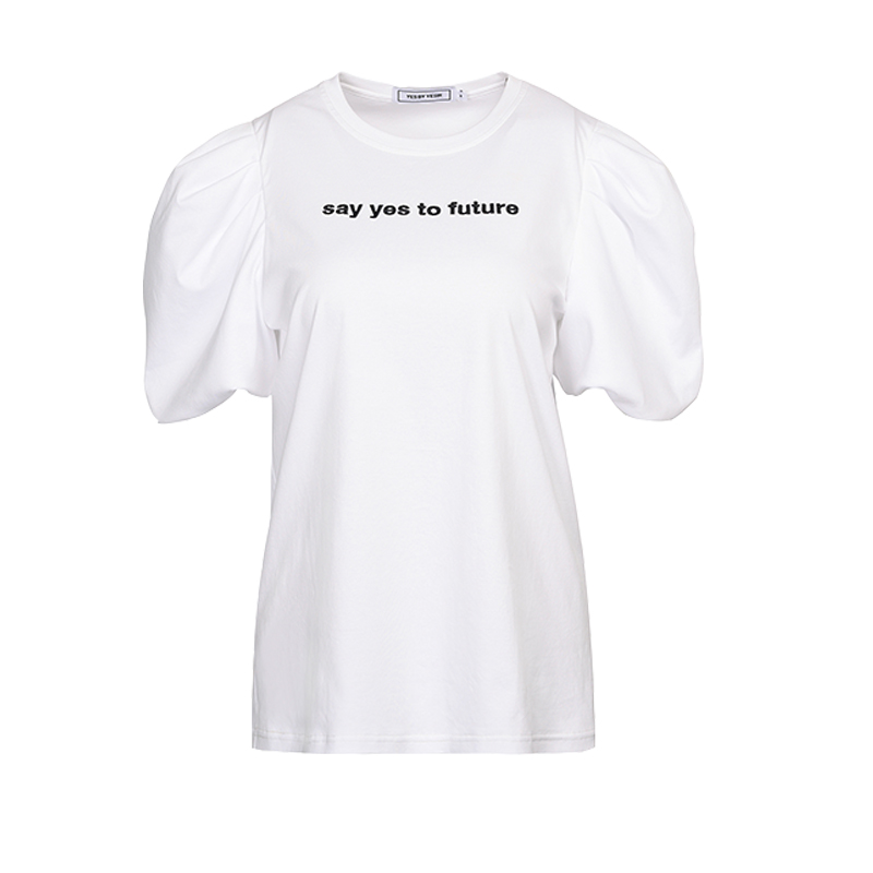 YES BY YESIR叶谦原创设计师小众设计感logo修身薄款泡泡袖T恤 - 图3