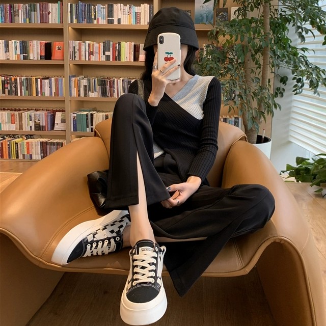 High waist slit micro flare long pants thin summer style