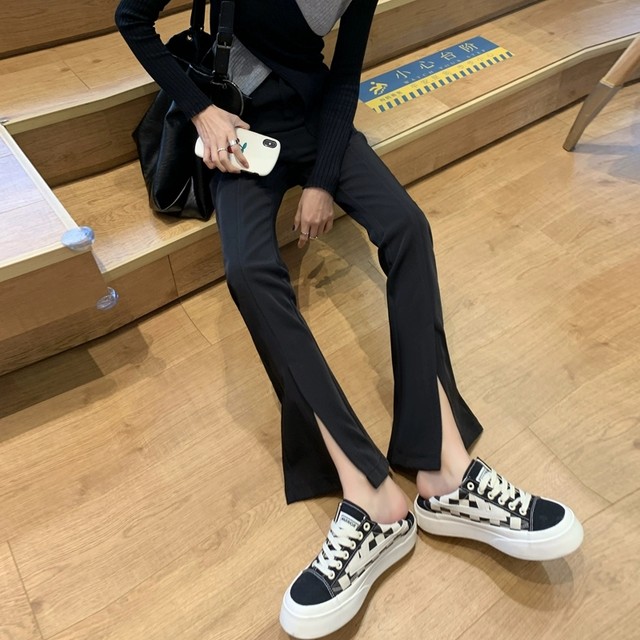 High waist slit micro flare long pants thin summer style