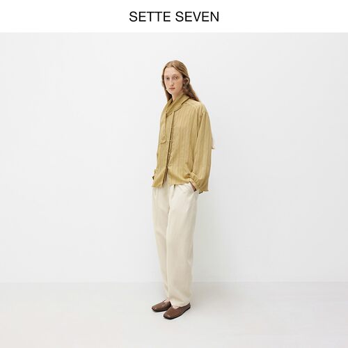 SETTE SEVEN法式复古飘带衬衫女秋季卡其色肌理感衬衣高级感上衣 - 图0