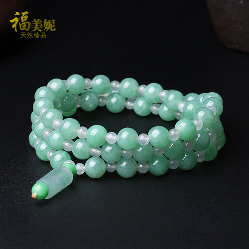 福美妮缅甸老坑冰糯种翡翠项链女款 阳绿冰白玉石圆珠链 a货珠串 - 图1