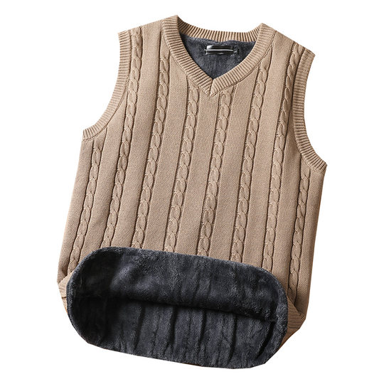 纯棉保暖背心男士毛衣马甲加绒加厚冬季针织坎肩毛线马夹爸爸外穿