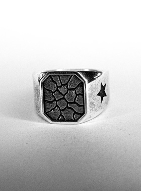 纯银复古男士裂纹纹理方形戒指