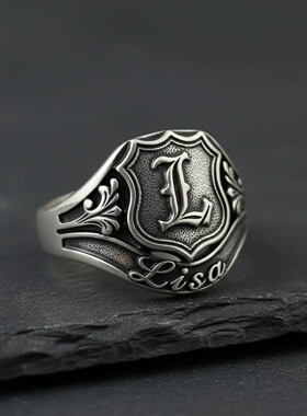 纯银S925复古盾牌字母定制戒指
