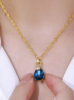 蓝色水滴水晶项链女2024年新款潮气质百搭颈链小众设计网红锁骨链