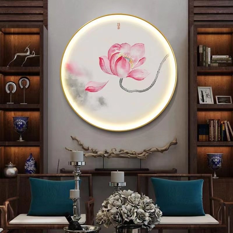 荷花新中式圆形装饰画轻奢玄关书房禅意灯画茶室水墨意境莲花圆画,淘宝优惠券,粉丝福利购,淘宝优惠卷