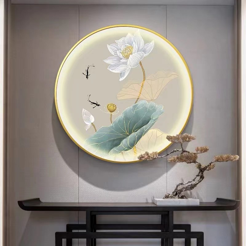 荷花新中式圆形装饰画轻奢玄关书房禅意灯画茶室水墨意境莲花圆画,淘宝优惠券,粉丝福利购,淘宝优惠卷