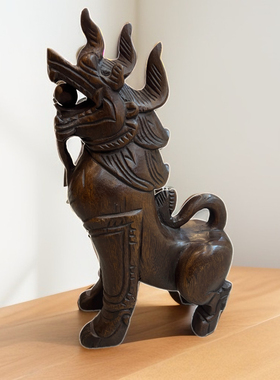 东南亚柚木麒麟一对玄关桌面摆件