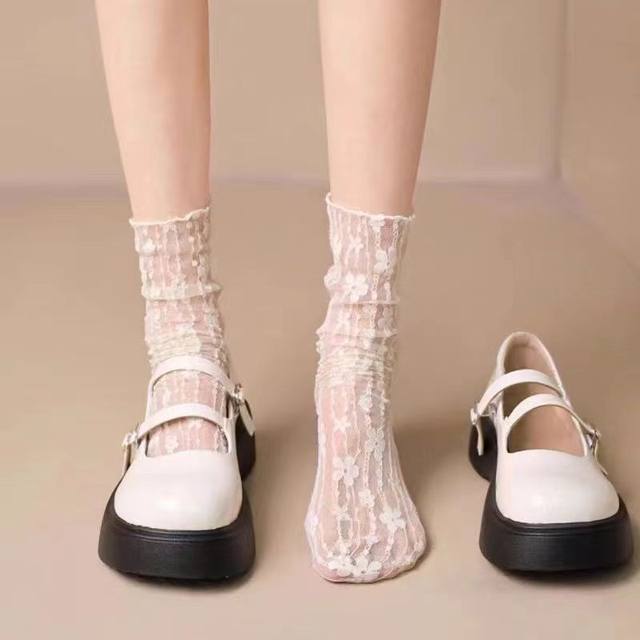 Stacked socks for women lace mid-tube socks spring and summer hollow princess style ultra-thin ins trendy mesh lace lace stockings