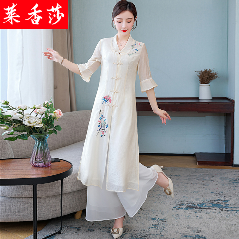 夏季禅意文艺女装中式汉服改良旗袍连衣裙中国风唐装茶服两件套女 - 图0