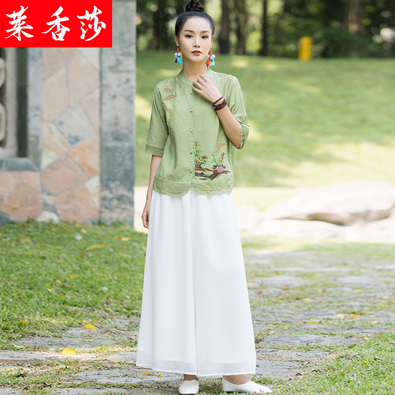 夏季中国风唐装女装改良旗袍上衣两件套复古绣花茶服中式短袖衬衫