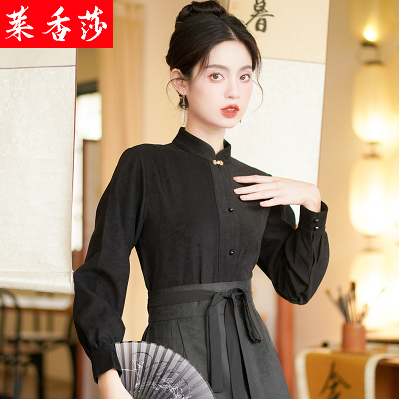 新中式国风加绒加厚衬衫女冬季2023新款搭配马面裙的上衣长袖套装