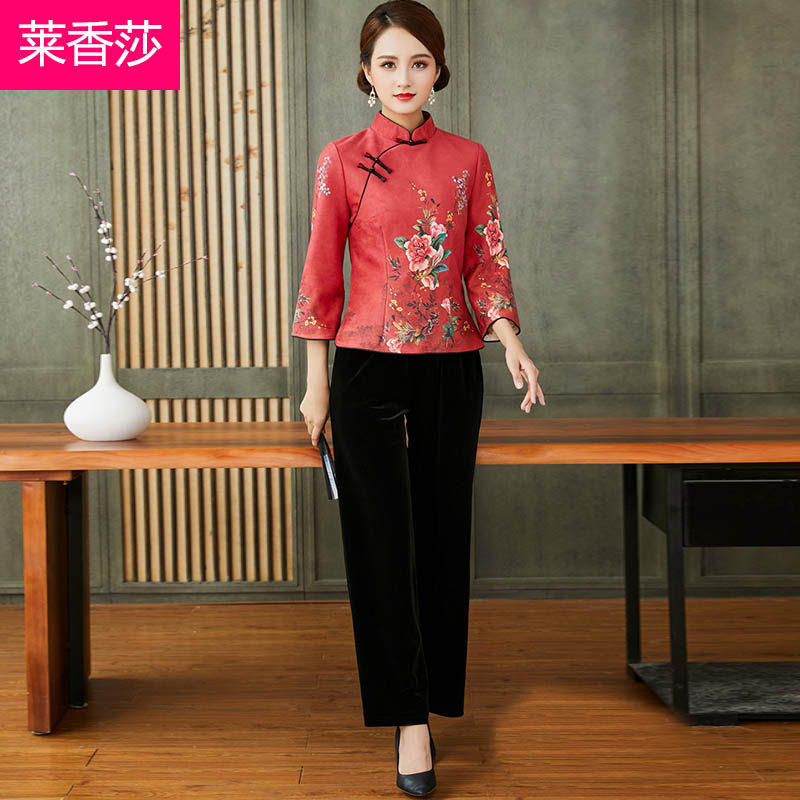 大码民国风复古印花茶服中国风汉服 莱香莎上衣