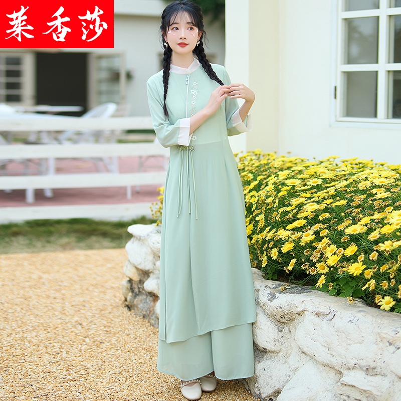 新中式禅服女仙气禅意茶服复古国风改良汉服旗袍连衣裙茶艺师服装 - 图1