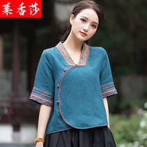 Ethnic Wind Summer Clothing Retro Womens Clothing Linen Short Sleeves T-shirt China Wind Tang Dress V Collar Embroidery Short cotton linen blouse Women