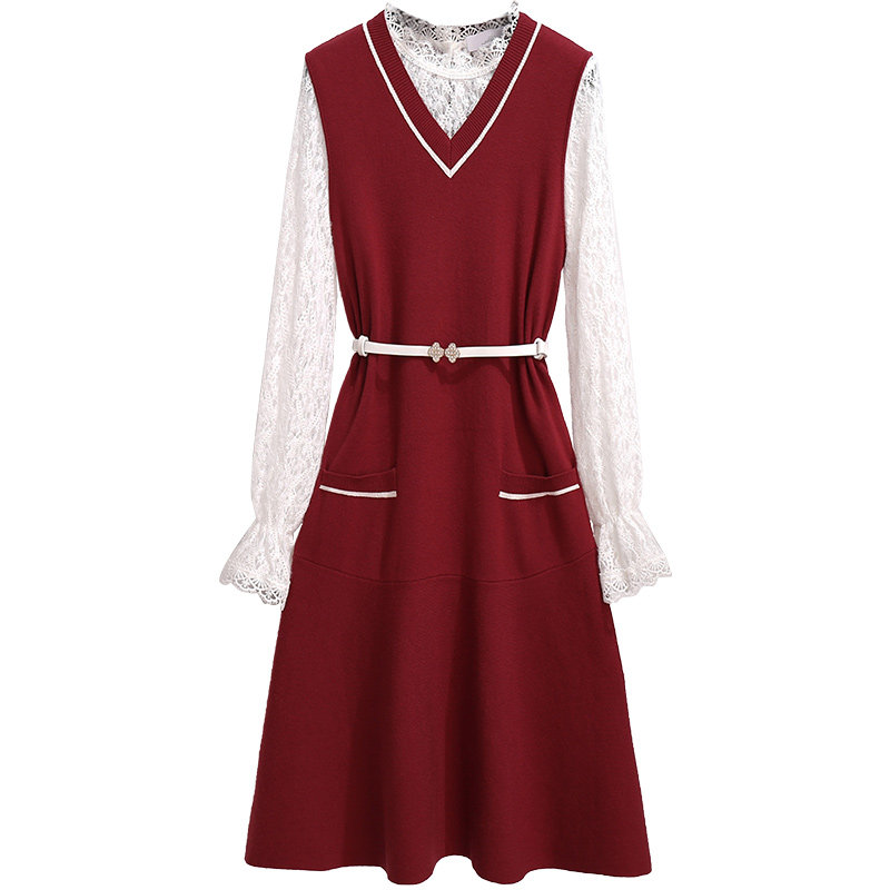 红色针织2020年秋冬新款高端连衣裙 盟蔻连衣裙