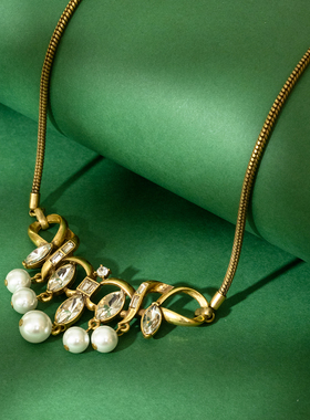 叶形水晶流苏珍珠项链锁骨链中古