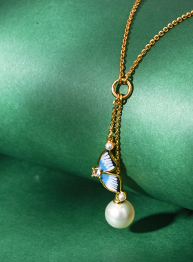 珐琅彩釉镶钻蝴蝶珍珠项链锁骨链