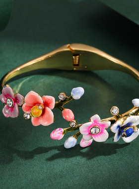 高级感大气原创时尚珐琅釉镶钻珍珠彩色兰花开口弹簧手镯花朵手饰