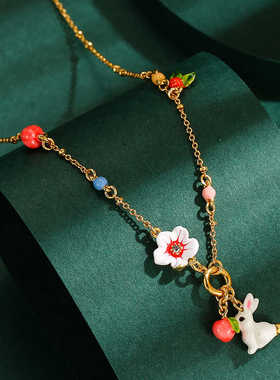 珐琅釉桃子花朵兔子项链配饰