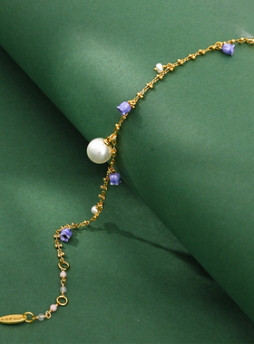 渐变紫珐琅铃兰花朵珍珠流苏手链