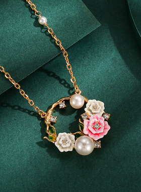 法式时尚粉白色花朵花环项链