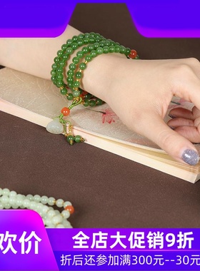 和田玉多圈手链女款碧玉手串青白玉项链毛衣链圆珠串珠手链mzr