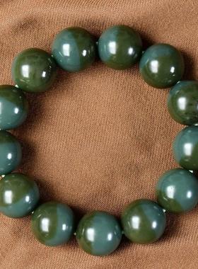 天然和田玉且末蓝聚宝盆带糖色18mm圆珠手链 肉质过灯 高油高密cs