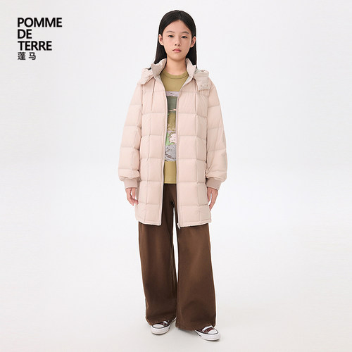 蓬马大童羽绒服中长款连帽立体方格秋冬装男女儿童pomme de terre - 图2