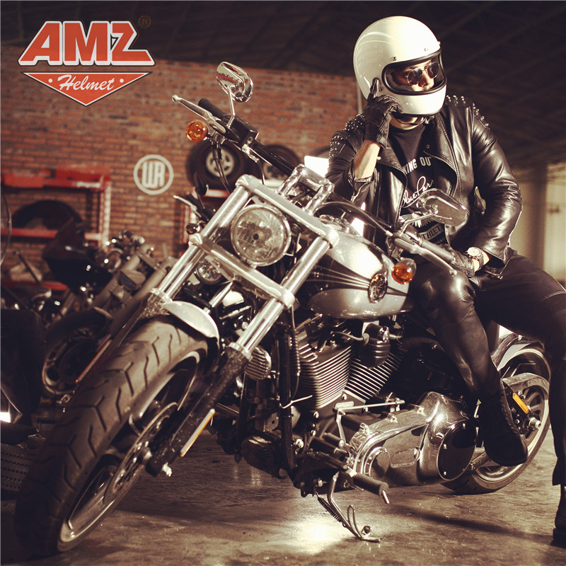 高档AMZ摩托车头盔男士个性哈雷机车四季复古全盔保暖防寒安全帽