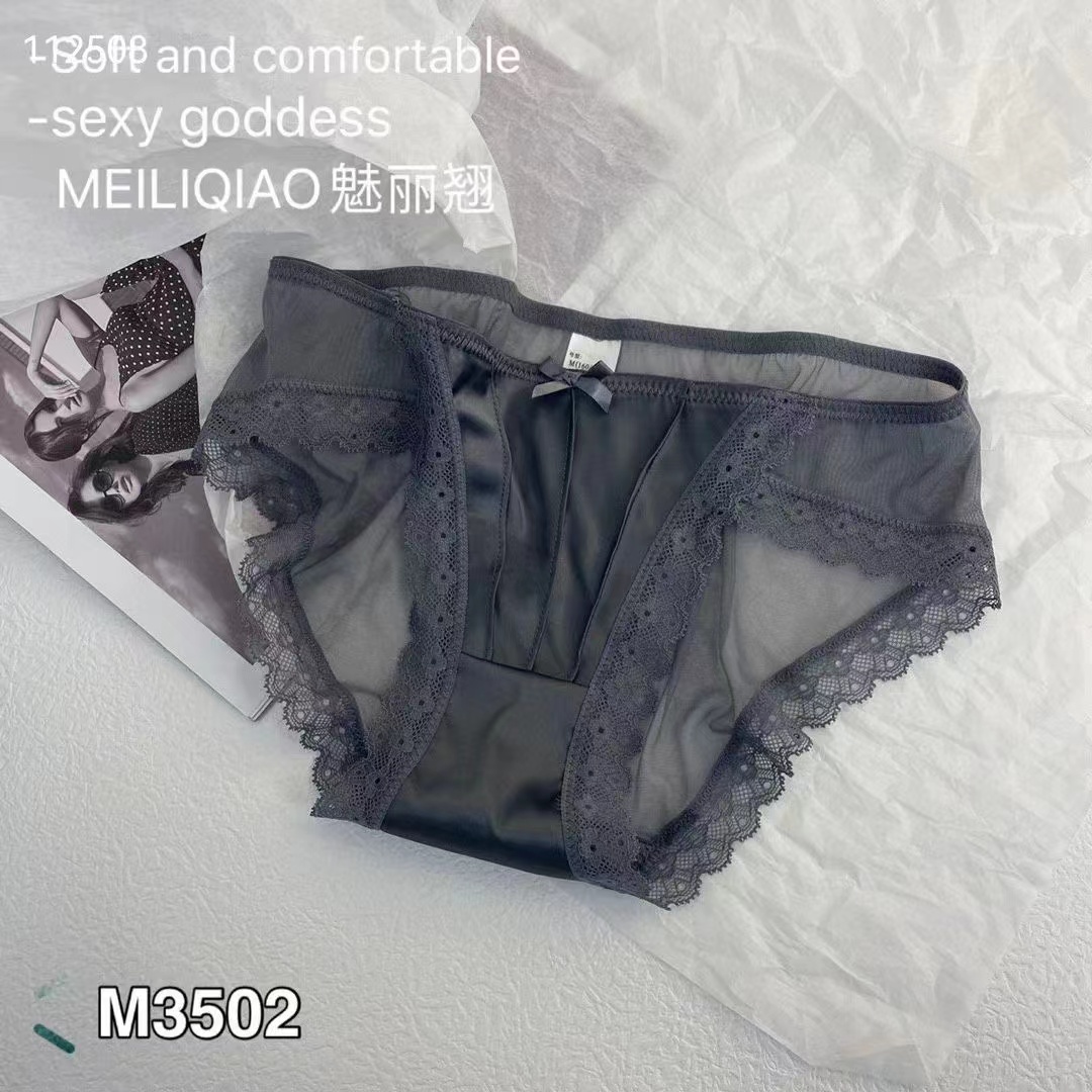 魅丽翘M3502精致丝缎性感蕾丝网纱内裤女低腰透视诱惑薄款三角裤-图3