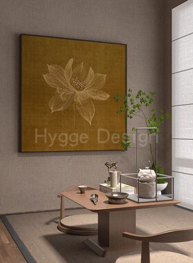新中式黄色荷花禅意玄关装饰画抽象线条古典卧室客厅壁画方形挂画