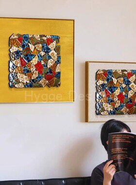琉璃青花仿瓷片客厅装饰画现代简约立体浮雕感入户玄关高级感挂画