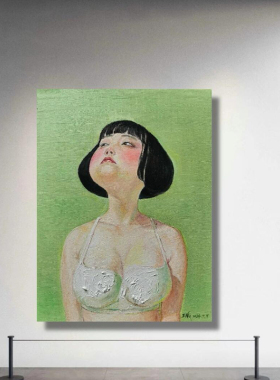 《淑女》高级感客厅装饰画抽象绿色大头女孩卧室小众艺术简约挂画