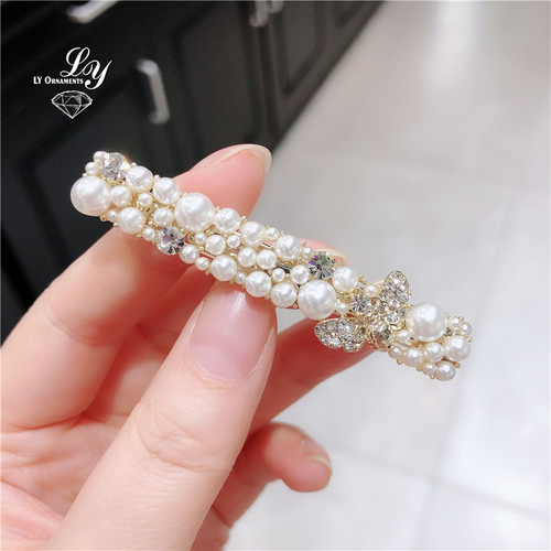 韩国ins高级感水钻珍珠发夹合金鸭嘴夹气质少女刘海边夹碎发卡子 - 图0