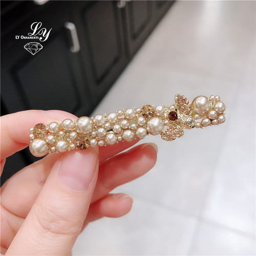 韩国ins高级感水钻珍珠发夹合金鸭嘴夹气质少女刘海边夹碎发卡子 - 图2