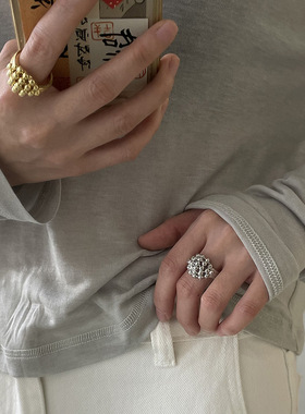 韩国小众设计球球开口戒指铜镀真金食指复古气质手饰女